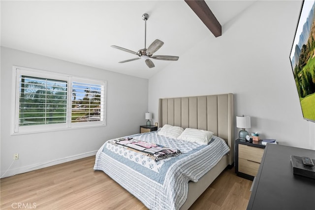 bedroom with ceiling fan, wood finished floors, baseboards, high vaulted ceiling, and beamed ceiling