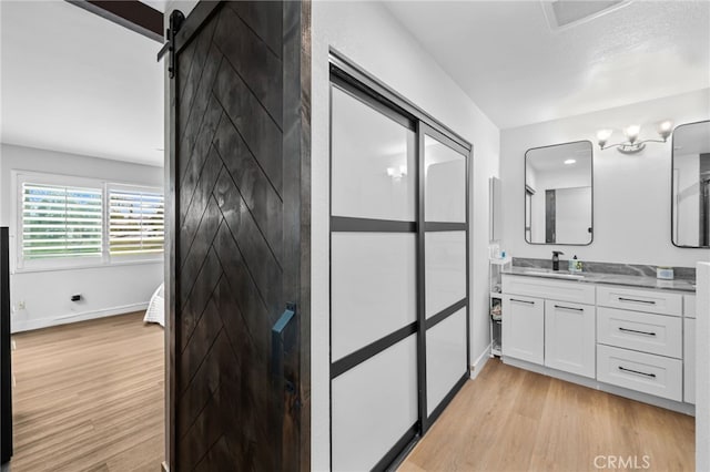 bathroom with baseboards, wood finished floors, and vanity