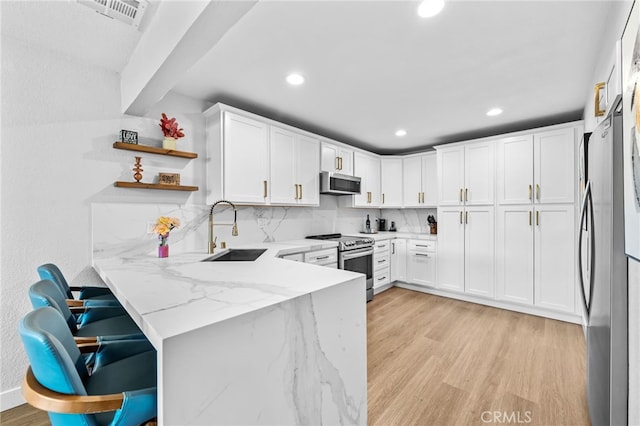 kitchen featuring a sink, white cabinets, light wood finished floors, a peninsula, and stainless steel appliances