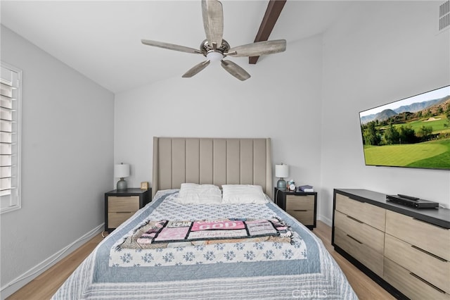 30156 Yellow Feather Dr, Canyon Lake, CA 92587 - bedroom featuring lofted ceiling, baseboards, light wood-style floors, and a ceiling fan