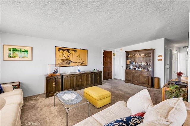 living area featuring a textured ceiling and carpet floors