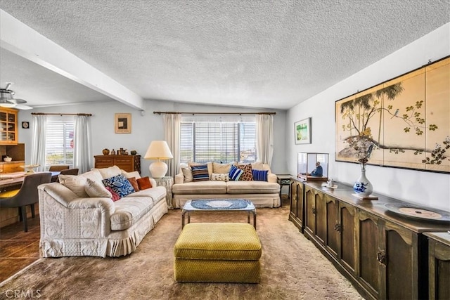 carpeted living area with a textured ceiling