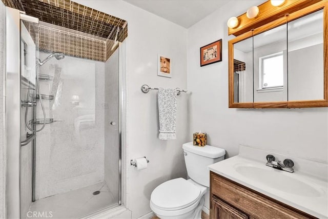 bathroom with toilet, vanity, and a shower stall