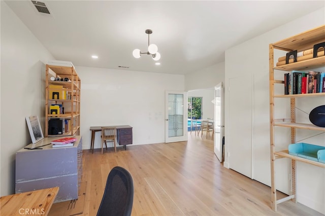 2173 Ranchwood Pl, Riverside, CA 92506 - office featuring wood finished floors, a chandelier, and recessed lighting