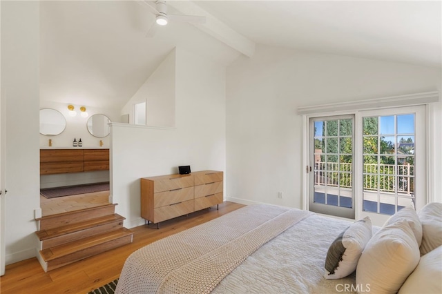 2173 Ranchwood Pl, Riverside, CA 92506 - bedroom with access to outside, light wood-type flooring, beam ceiling, baseboards, and high vaulted ceiling