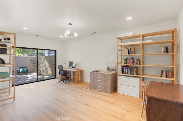 2173 Ranchwood Pl, Riverside, CA 92506 - office area with wood finished floors, recessed lighting, a chandelier, and baseboards