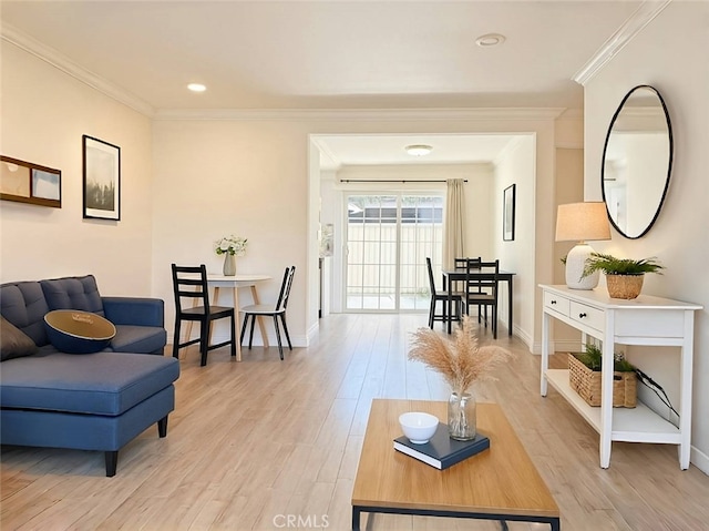 63 Streamwood, Irvine, CA 92620 - living room featuring baseboards, light wood finished floors, and crown molding