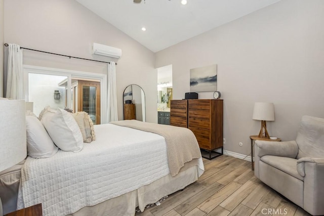 2176 N Pami Cir, Orange, CA 92867 - bedroom with a wall mounted air conditioner, baseboards, high vaulted ceiling, light wood-style floors, and ensuite bathroom