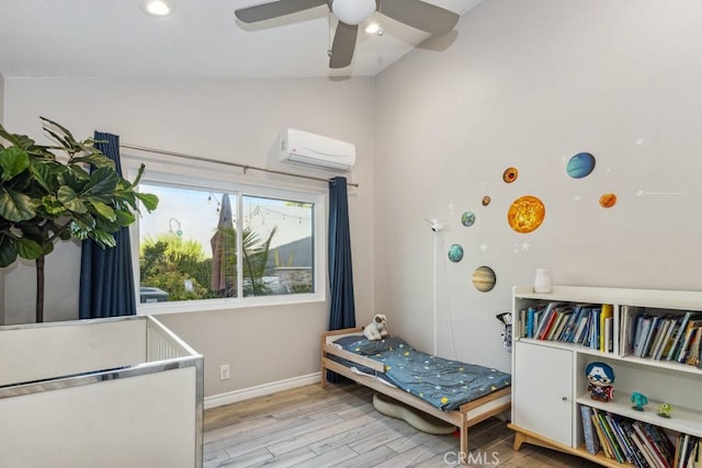 2176 N Pami Cir, Orange, CA 92867 - bedroom with wood finished floors, baseboards, an AC wall unit, a ceiling fan, and vaulted ceiling