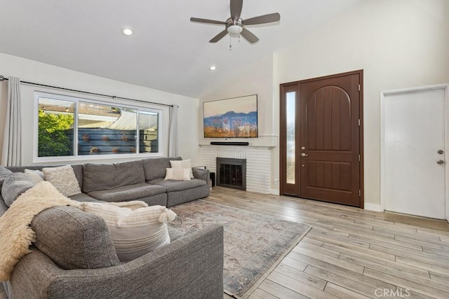2176 N Pami Cir, Orange, CA 92867 - living area with a brick fireplace, wood finished floors, baseboards, ceiling fan, and recessed lighting