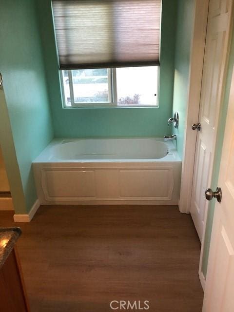 bathroom featuring wood finished floors, a garden tub, and plenty of natural light