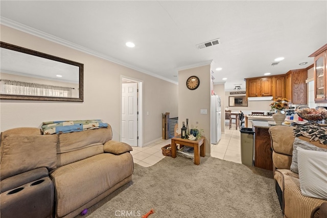 living room with crown molding, recessed lighting, light tile patterned flooring, and visible vents