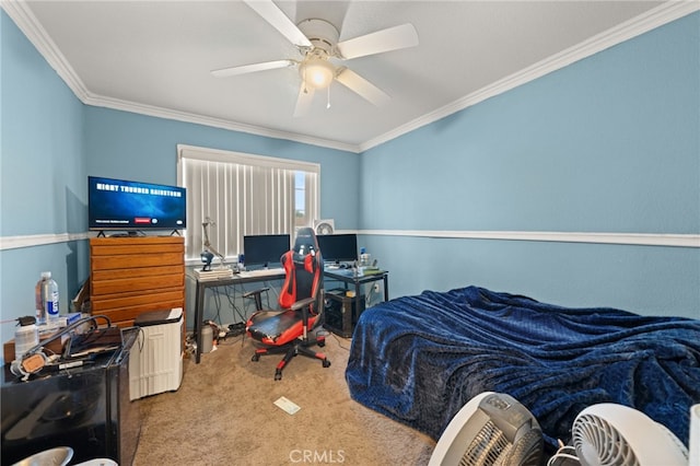 carpeted bedroom with crown molding and ceiling fan