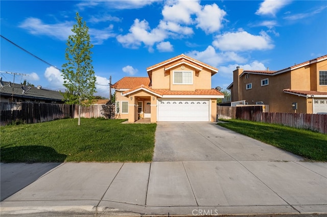 view of front of house featuring stucco siding, fence, a garage, a front lawn, and concrete driveway