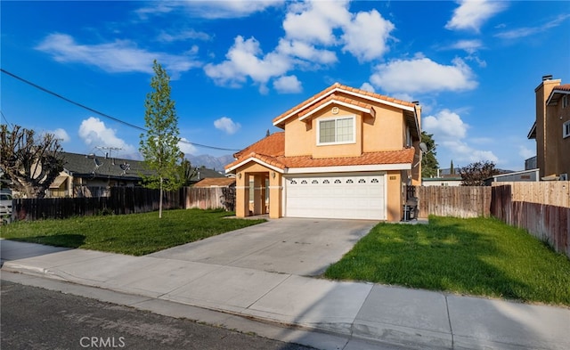 traditional-style home featuring stucco siding, a tiled roof, fence, driveway, and a front yard
