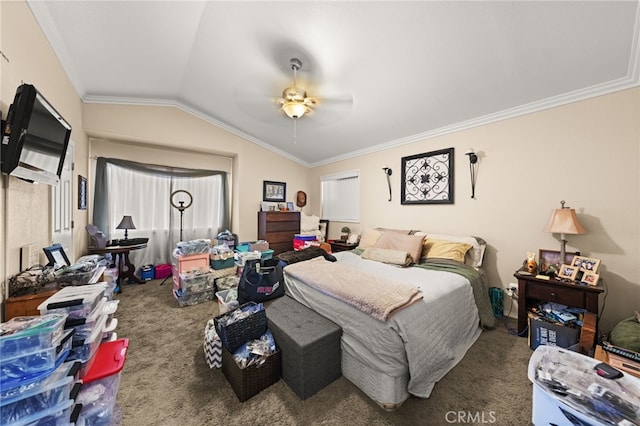 bedroom featuring ornamental molding, a ceiling fan, carpet flooring, and vaulted ceiling