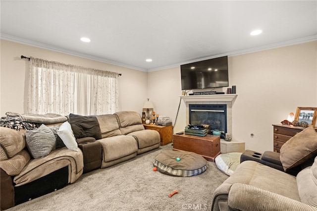 living area featuring recessed lighting, ornamental molding, and a fireplace