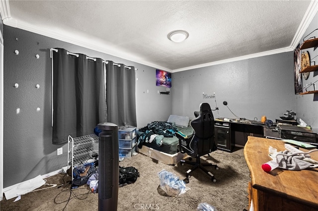 carpeted bedroom featuring baseboards, ornamental molding, a textured ceiling, and a textured wall