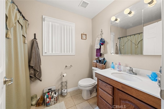 bathroom featuring a shower with curtain, visible vents, toilet, tile patterned floors, and vanity