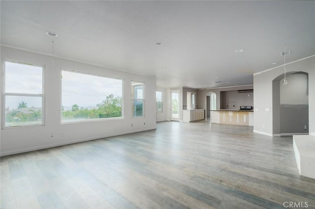 1059 Stowell Ranch Cir, Corona, CA 92881 - unfurnished living room featuring arched walkways, light wood-style flooring, and baseboards