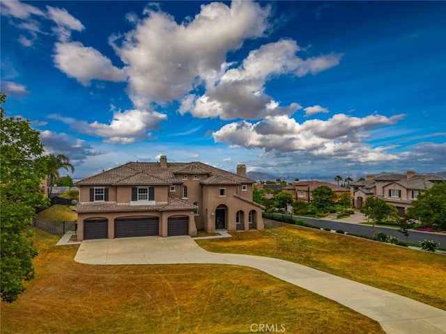 1059 Stowell Ranch Cir, Corona, CA 92881 - mediterranean / spanish-style home with a garage, driveway, a tiled roof, a chimney, and stucco siding