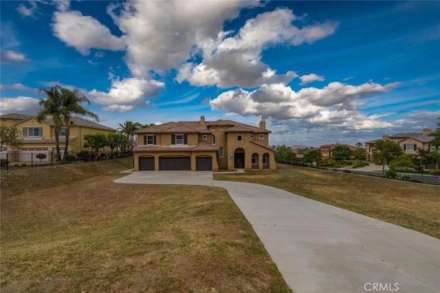 1059 Stowell Ranch Cir, Corona, CA 92881 - mediterranean / spanish-style home with a chimney, stucco siding, a tile roof, a front yard, and concrete driveway