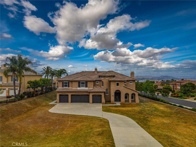 1059 Stowell Ranch Cir, Corona, CA 92881 - mediterranean / spanish-style home featuring driveway, a tile roof, a chimney, an attached garage, and stucco siding