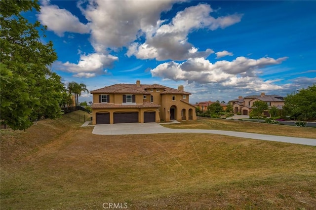 1059 Stowell Ranch Cir, Corona, CA 92881 - mediterranean / spanish home featuring a garage, driveway, a tiled roof, a chimney, and stucco siding