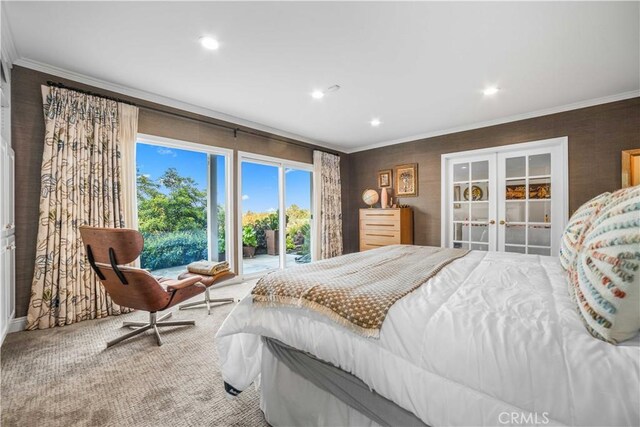 28852 Crestridge Rd, Rancho Palos Verdes, CA 90275 - carpeted bedroom featuring crown molding, recessed lighting, access to exterior, and french doors