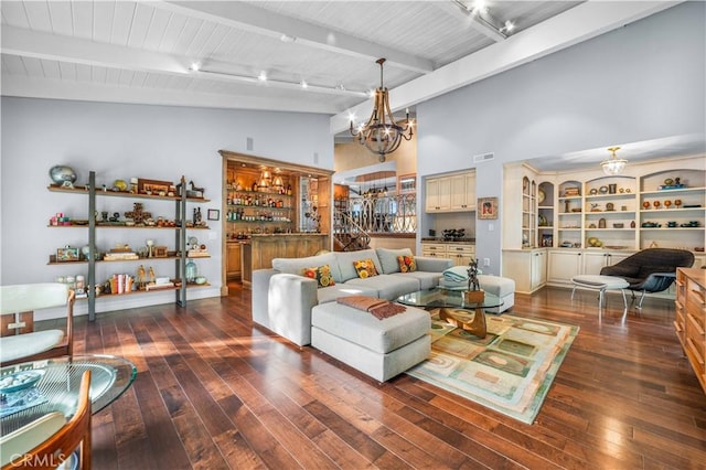 28852 Crestridge Rd, Rancho Palos Verdes, CA 90275 - living room featuring high vaulted ceiling, hardwood / wood-style floors, a chandelier, and wooden ceiling with exposed beams