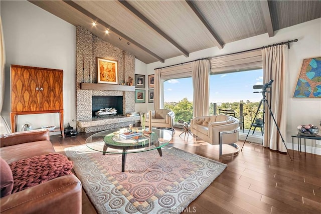 28852 Crestridge Rd, Rancho Palos Verdes, CA 90275 - living room featuring beamed ceiling, wood finished floors, baseboards, a large fireplace, and high vaulted ceiling