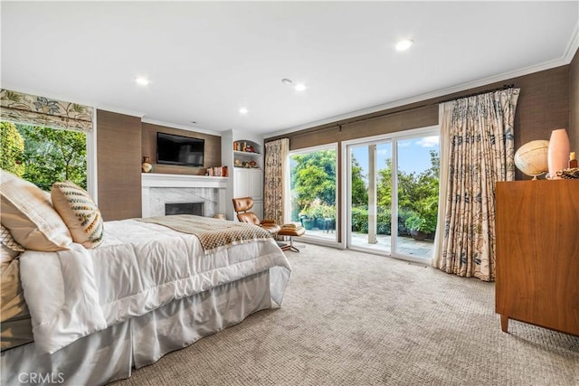 28852 Crestridge Rd, Rancho Palos Verdes, CA 90275 - carpeted bedroom with access to exterior, a premium fireplace, recessed lighting, and ornamental molding