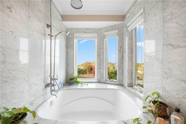 28852 Crestridge Rd, Rancho Palos Verdes, CA 90275 - bathroom with a tub to relax in, crown molding, and a shower