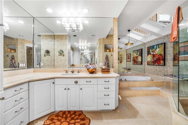 28852 Crestridge Rd, Rancho Palos Verdes, CA 90275 - bathroom with a skylight, a bath, vanity, tiled shower, and recessed lighting