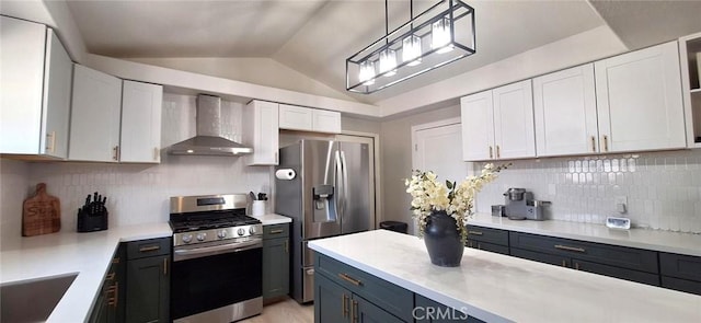 kitchen with white cabinetry, tasteful backsplash, wall chimney exhaust hood, and appliances with stainless steel finishes