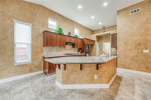 kitchen featuring light stone countertops, under cabinet range hood, a breakfast bar area, baseboards, and appliances with stainless steel finishes