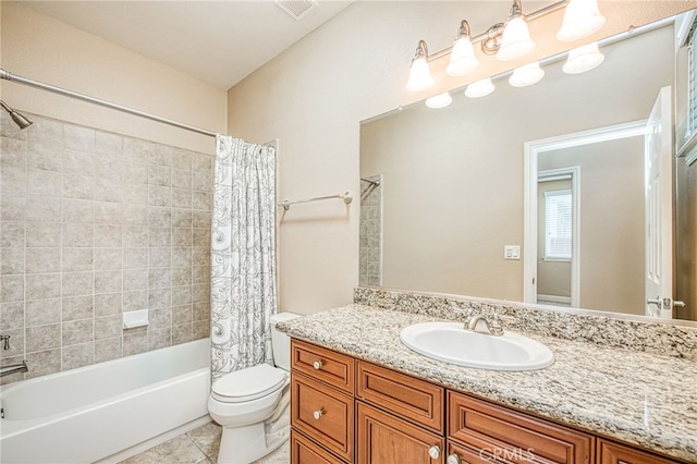full bathroom with shower / bathtub combination with curtain, vanity, tile patterned floors, toilet, and visible vents