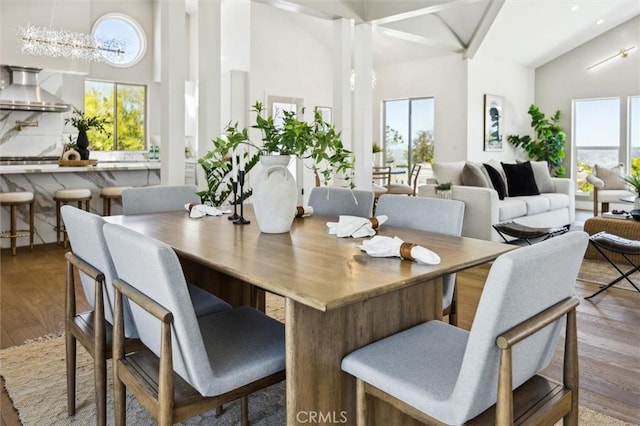 10815 San Marcos Rd, Atascadero, CA 93422 - dining room featuring a high ceiling, a healthy amount of sunlight, and wood finished floors