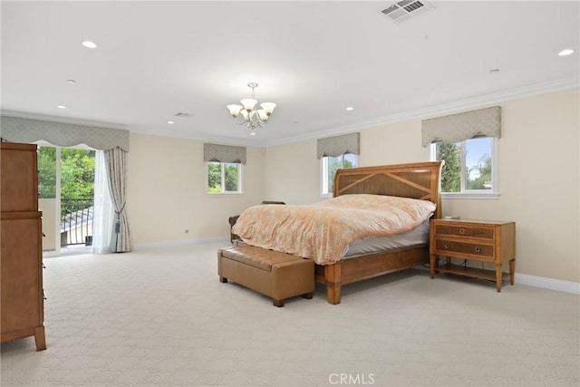 65 W Lemon Ave, Arcadia, CA 91007 - bedroom featuring a chandelier, crown molding, light carpet, baseboards, and access to outside