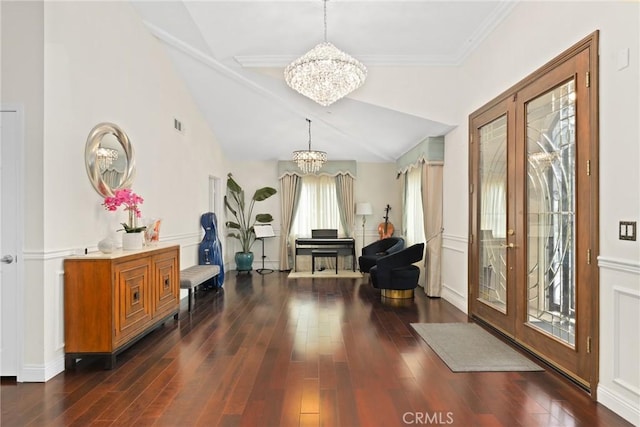 65 W Lemon Ave, Arcadia, CA 91007 - entryway featuring a chandelier, dark wood-type flooring, french doors, and high vaulted ceiling