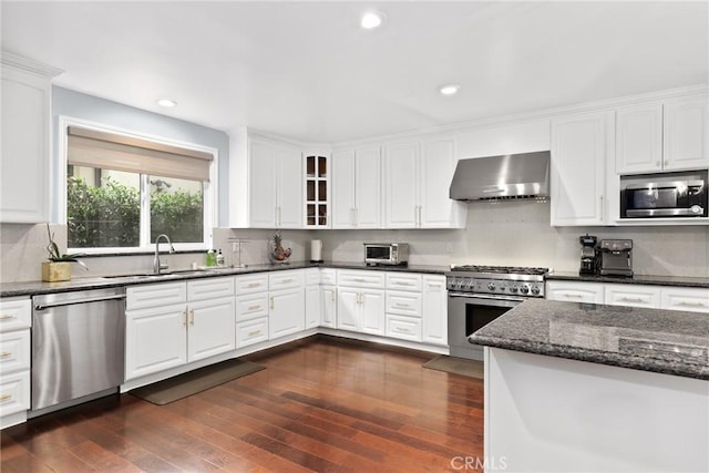 65 W Lemon Ave, Arcadia, CA 91007 - kitchen featuring wall chimney exhaust hood, appliances with stainless steel finishes, a sink, white cabinetry, and recessed lighting