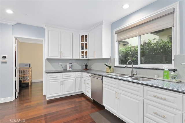 65 W Lemon Ave, Arcadia, CA 91007 - kitchen featuring stainless steel dishwasher, a sink, dark wood-style flooring, white cabinets, and recessed lighting