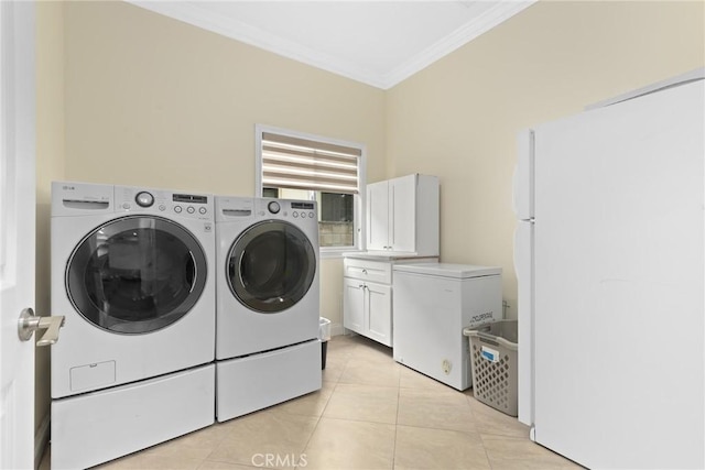65 W Lemon Ave, Arcadia, CA 91007 - laundry room featuring independent washer and dryer, crown molding, light tile patterned floors, and cabinet space