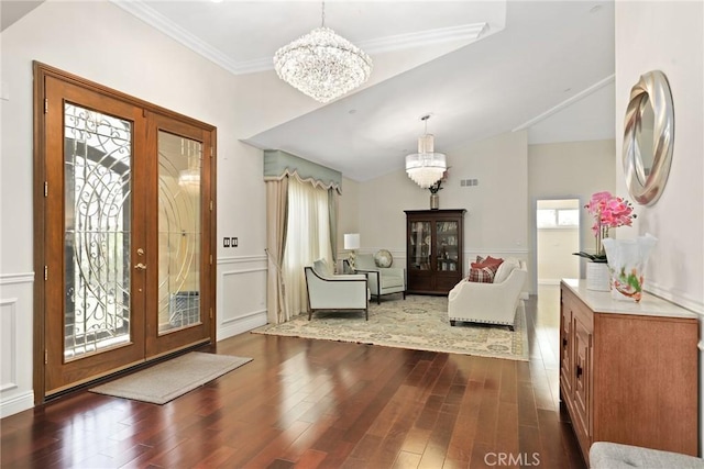 65 W Lemon Ave, Arcadia, CA 91007 - entrance foyer featuring a chandelier, wood finished floors, a decorative wall, french doors, and a wainscoted wall