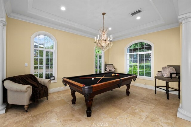 280 W 26th St, Upland, CA 91784 - recreation room featuring a tray ceiling, visible vents, and decorative columns