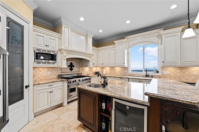 280 W 26th St, Upland, CA 91784 - kitchen with stainless steel appliances, a sink, beverage cooler, decorative backsplash, and ornamental molding