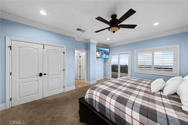 280 W 26th St, Upland, CA 91784 - bedroom featuring carpet floors, recessed lighting, baseboards, crown molding, and ceiling fan