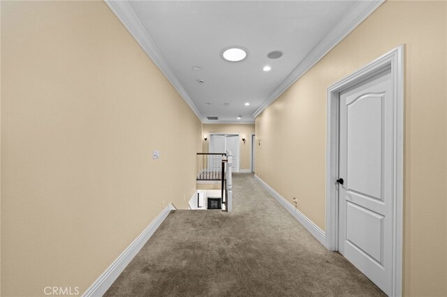 280 W 26th St, Upland, CA 91784 - hall with crown molding, an upstairs landing, carpet, baseboards, and recessed lighting