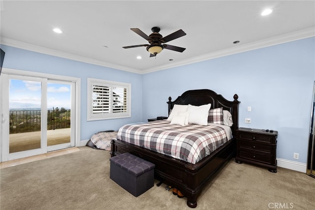 bedroom featuring access to exterior, light colored carpet, recessed lighting, crown molding, and baseboards
