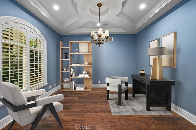 280 W 26th St, Upland, CA 91784 - office area featuring a chandelier, ornamental molding, wood finished floors, baseboards, and coffered ceiling